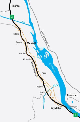 Kartutsnitt av strekningen. Illustrasjon: Statens vegvesen
