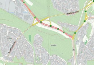 Hovettunnelen (539 meter) og Brattåstunnelen (524 meter) ligger på E18 i Porsgrunn kommune. Skjermbilde:  Statens vegvesen