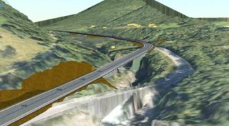 Slik er brua og veien tenkt å ligge i terrenget. Illustrasjon:  Statens vegvesen