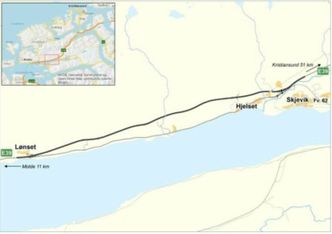 Nye E39 Lønset-Hjelset skal bygges i en ny trasé, nord for dagens E39. Illustrasjon: Statens vegvesen