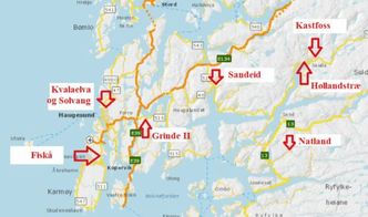Kartet viser bruene som er med i kontrakten. Illustrasjon: Rogaland fylkeskommune