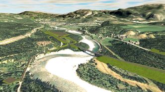 Illustrasjonen viser blant annet planlagte nye Svenningelv bru med ny E6 og tunnel inn i Bergåsen. Tettstedet Trofors i bakgrunnen. Illustrasjon: Statens vegvesen