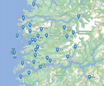 Her ligger de 35 aktuelle bruene. Noen brunavn ligger over hverandre og vises derfor ikke. Illustrasjon: Google Maps/Vestland fylkeskommune