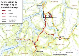 Vegvesenet: Østre Malangenkorridor anbefales etter at E8 Nordkjosbotn-Jernberg og Sørbotn-Laukslett er utbygd. Illustrasjon: Statens vegvesen