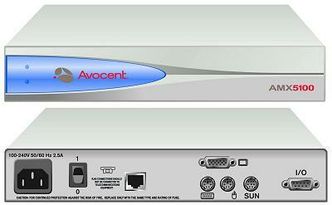 Avocent AMX5100, KVM-enhet på brukersiden, kobles til KVM-svitsj over UTP-kabel, og til brukerens tastatur, skjerm og mus.