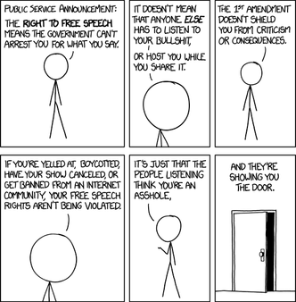 Mange misforstår hva ytringsfrihet handler om. Denne stripen forklarer det veldig enkelt. Ingen har rett til å få sine meninger publisert hos andre. Illustrasjon: xkcd (CC BY-NC 2.5)