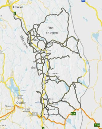 Disse fylkesveiene inngår i kontrakten for Solør. Skjermbilde: Vegkart/Statens vegvesen