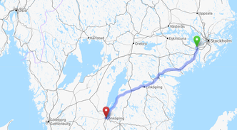 Den første strekningen skal være fra Scanias hovedkontor i Södertälje til Jönköping. Senere er det meningen å utvide forsøket til Helsingborg. Foto: Open Street Map