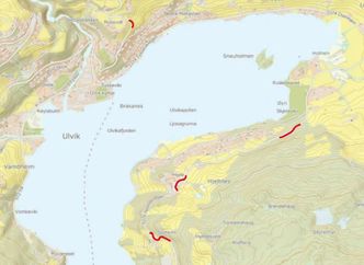 De fire strekningene som skal utbedres er markert med rødt. Skjermbilde: Vestland fylkeskommune