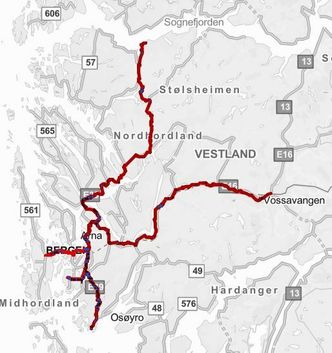 Kartet viser strekningene som inngår i kontrakten fra 2023. De første årene omfatter den stort sett bare riksveier rundt Bergen. Illustrasjon: Statens vegvesen