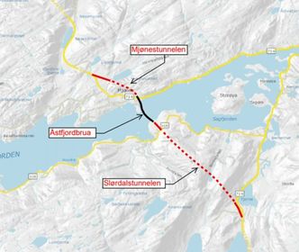 Åstfjordkryssinga: To tunneler og ei temmelig høy bru. Illustrasjon: Trøndelag fylkeskommune