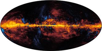 Det er faktisk et stort støvlag fra galaksen vår som legger seg som et teppe foran den kosmiske bakgrunnsstrålingen. Dette er støv i galaksen som blir varmet opp av nærliggende stjerner. Når støvet vibrerer, sender det ut lys. For at astrofysikerne skal kunne se den kosmiske bakgrunnsstrålingen, må de filtrere bort alt dette støvet. Det er en omfattende jobb. Illustrasjon: Trygve Leithe Svalheim