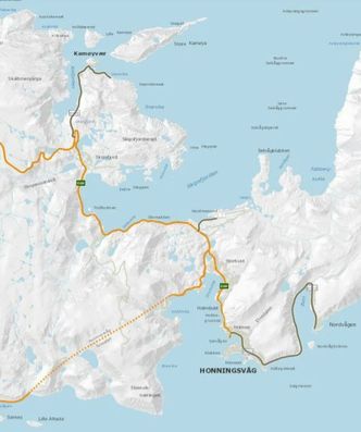 Veiene i driftskontrakten for fylkesveiene rundt Kamøyvær og Honningsvåg. Illustrasjon:  Troms og Finnmark fylkeskommune
