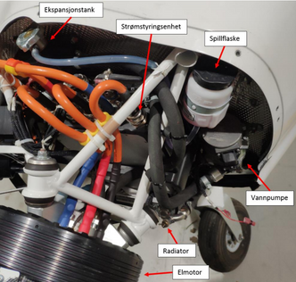 Motorinstallasjonen i LN-ELA med hovedkomponentene i kjølesystemet. Foto: &nbsp;SHK/Pipistrel