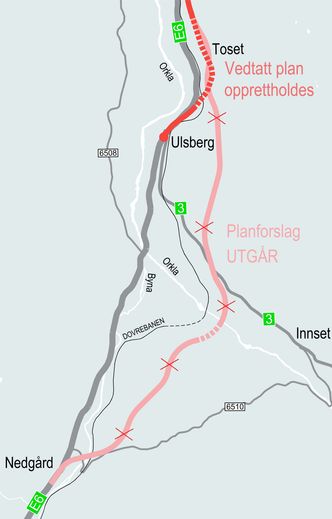Nye Veier går tilbake til opprinnelig veilinje på Ulsberg. Utredningsarbeid viser at det blir for kostbart å bygge veien fra Nedgård til Toset. Illustrasjon:  Nye Veier