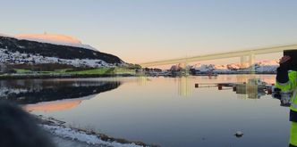 Slik ser den prosjekterte modellen av Nerlandsøybru ut, visualisert gjennom Trimble SiteVision. Foto: Rambøll