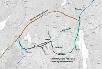 Oversiktskart E134 med omkjøringsrute. Gang- og sykkelveg vist med prikket linje, blå for eksisterende, rød for planlagt. Veinumrene er gamle. Illustrasjon: Statens vegvesen