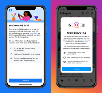 Informasjon som Facebook- og Instagram-appene nå viser IOS-brukere i forbindelse med nye personvernvalg i operativsystemet. Illustrasjonsfoto: Facebook