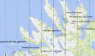 Oversiktskart over stedene der veiene skal utbedres. Illustrasjon:  Troms og Finnmark fylkeskommune