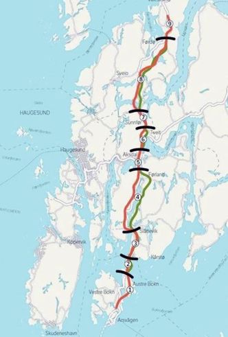 Strekningen går gjennom de tre kommunene Bokn, Tysvær og Sveio i fylkene Rogaland og Vestland. Illustrasjon: Statens vegvesen