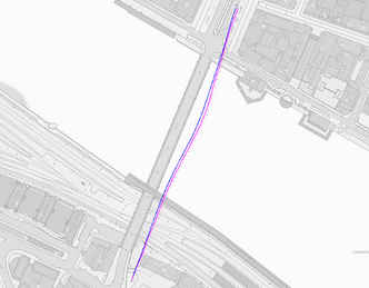 Blå linje viser resultatet fra 3D-rør. Rosa linje viser teoretisk linje på røret fra 2005. Foto:  Scan Survey