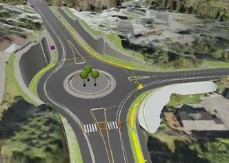 Ved Lavik går fylkesveien i dag i en krapp sving mot øst gjennom en strekning med bratte fjellskjæringer på begge sider. Ny fylkesvei vil gå rett fram og inn i kryss mot dagens fylkesvei. Veien videre mot Erdalsveien i øst går gjennom ny rundkjøring. Illustrasjon:  Vestland fylkeskommune