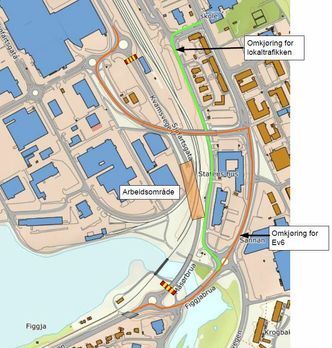 Omkjøringsrute i Steinkjer når E6 Måsørtunnelen er stengt. Illustrasjon: Statens vegvesen