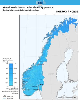 Figur 1: Solenergipotensialet i Norge (horisontal flate)
