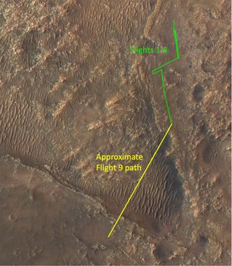På den niende flyvningen måtte navigasjonsalgoritmene lures til å tro at bakken var flat, mens fartøyet egentlig fløy over et krater. Foto: NASA