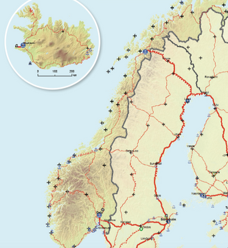 EUs utvidede hovedveinettverk (tynn, rød linje) og EUs hovednettverk (tykk, rød linje) kan få krav til ladeinfrastruktur for elektriske kjøretøy. Illustrasjon:  EU-kommisjonen