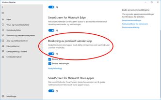 Innstillingen for blokkering av potensielt uønskede apper i Windows 10. Skjermbilde: Digi.no
