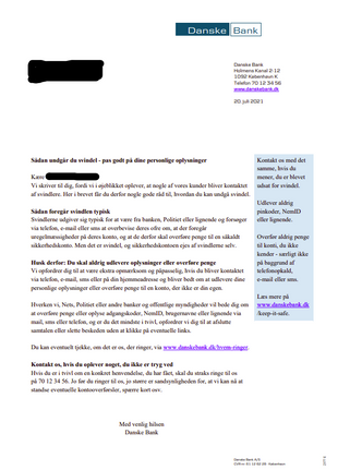 Brevet Danske Bank har sendt til sine kunder. Skjermbilde: Danske Bank