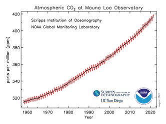 Nivået av CO<sub>2</sub> i atmosfæren stiger. Kilde:  Scripps Institution of Oceanography, NOAA
