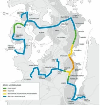 Status for delstrekningene av Bussveien. Illustrasjon: Rogaland fylkeskommune