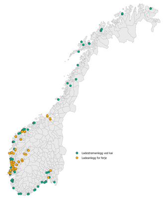 Ladeanlegg for ferjer og landstrømanlegg ved kai per august 2021. Vestlandet har desidert  Illustrasjon:  SSB