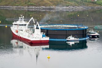 Midt-Norsk Havbruk har også utviklet en rømningssikker merd som er 22 meter høy og som har fått navnet Aquatraz. Den kan heises opp og ned ved levering av fisk, rengjøring og vedlikehold. Foto: Midt-Norsk Havbruk