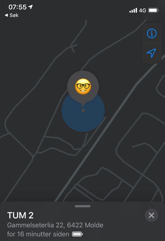 Her har pakken vi sendte til Smøla med Posten, kommet fram til Postens distribusjonssenter i Molde, og Airtagen i pakken har blitt registrert av en Iphone. Skjermbilde:  Eirik Helland Urke