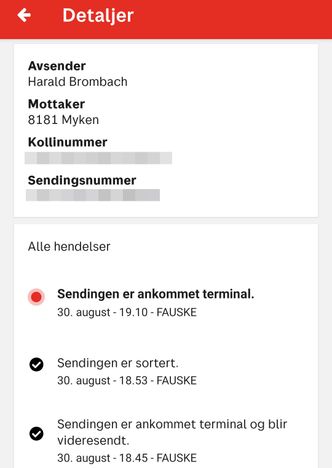 Posten-appen har fortsatt ikke blitt oppdatert med at pakken vi sendte til Myken, har kommet fram, mer enn to uker etter ankomst. Skjermbilde:  Harald Brombach