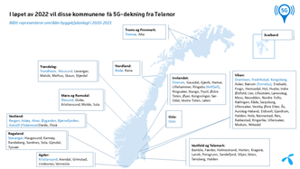 Her er en oversikt over stedene som vil ha 5G fra Telenor når 2022 er over. Stedene i blått er områder som skal få 5G i 2020-2021, svart i 2022. Klikk for større bilde. Foto: Telenor