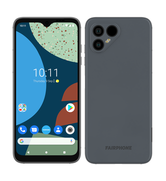 Fairphone 4 fås i grått eller grønt, og en spraglete versjon som kun selges direkte fra produsenten. Foto: Fairphone