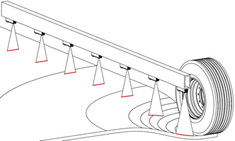 Traileren Raptor belaster veien med ti tonn aksellast. Lasermålere montert i ulik avstand fra hjulet som belaster veien, måler nedbøyningen på veioverflaten. Lasermålerne er montert på en bjelke inne i traileren. Illustrasjon:  Rambøll