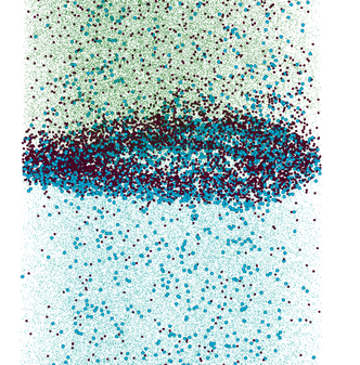 Nei, dette er ikke moderne kunst. Det er atomene i en plateformet nanocellulose-krystall, fotografert og målt med en atomsondetomograf. Oksygen er blått og karbon er brunt. Krystallen beskyttes mellom to ulike metallplater.