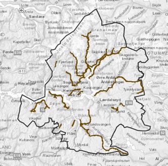 Kartet viser fylkesveinettet i Sogn som inngår i kontrakten. Illustrasjon: Vestland fylkeskommune