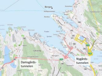 Kartet viser plasseringen til de to tunnelene. Illustrasjon: Statens vegvesen