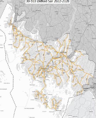 Kart over de aktuelle fylkesveiene i området. Illustrasjon: Viken fylkeskommune