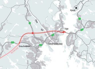 Strekningskart over E39 Ytre Ring i Kristiansand. Illustrasjon: Nye Veier
