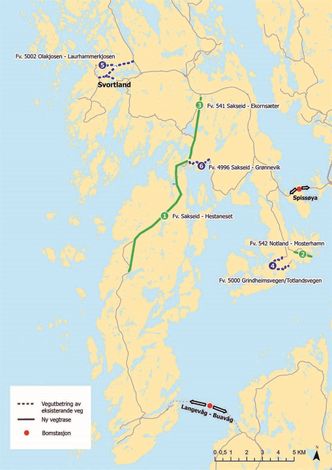 Prioriterte veiprosjekter på Bømlo. Illustrasjon: Vestland fylkeskommune