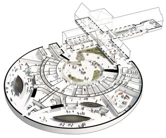 Vikingskipene, som er Europas best bevarte i sitt slag, skal flyttes til nederste etasje i det nye museumsbygget. Illustrasjon: Statsbygg/Aart Architects