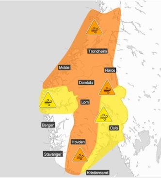 Søndag er varselet oppdatert til å gjelder vestlige deler av Agder, Telemark, Buskerud og Innlande Illustrasjon:  Meteorologisk Insitutt