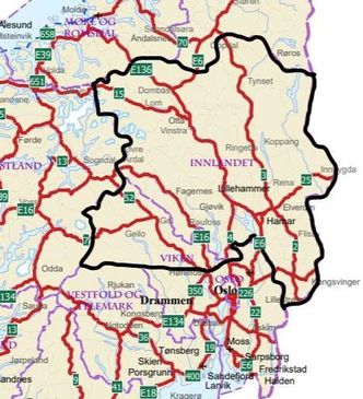 Det meste av Østlandet er med i denne rammeavtalen. Illustrasjon:  Statens vegvesen